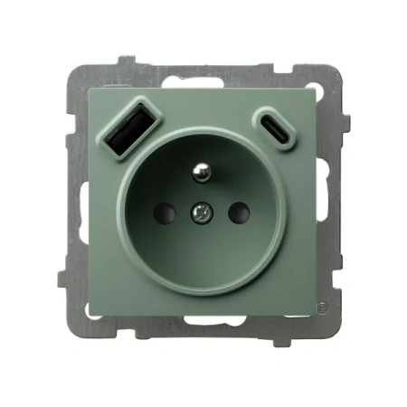 AS Gniazdo pojedyncze z uziemieniem z przesłonami torów prądowych, z ładowarką USB A+C zielony mat