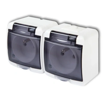 Gniazdo podwójne z uziemieniem 2x (2P+Z) (klapka dymna, bez przesłon) biały hermetyczny JUNIOR