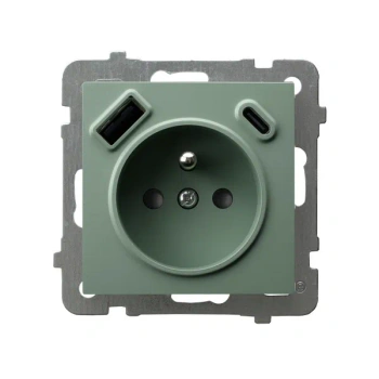 AS Gniazdo pojedyncze z uziemieniem z przesłonami torów prądowych, z ładowarką USB A+C zielony mat